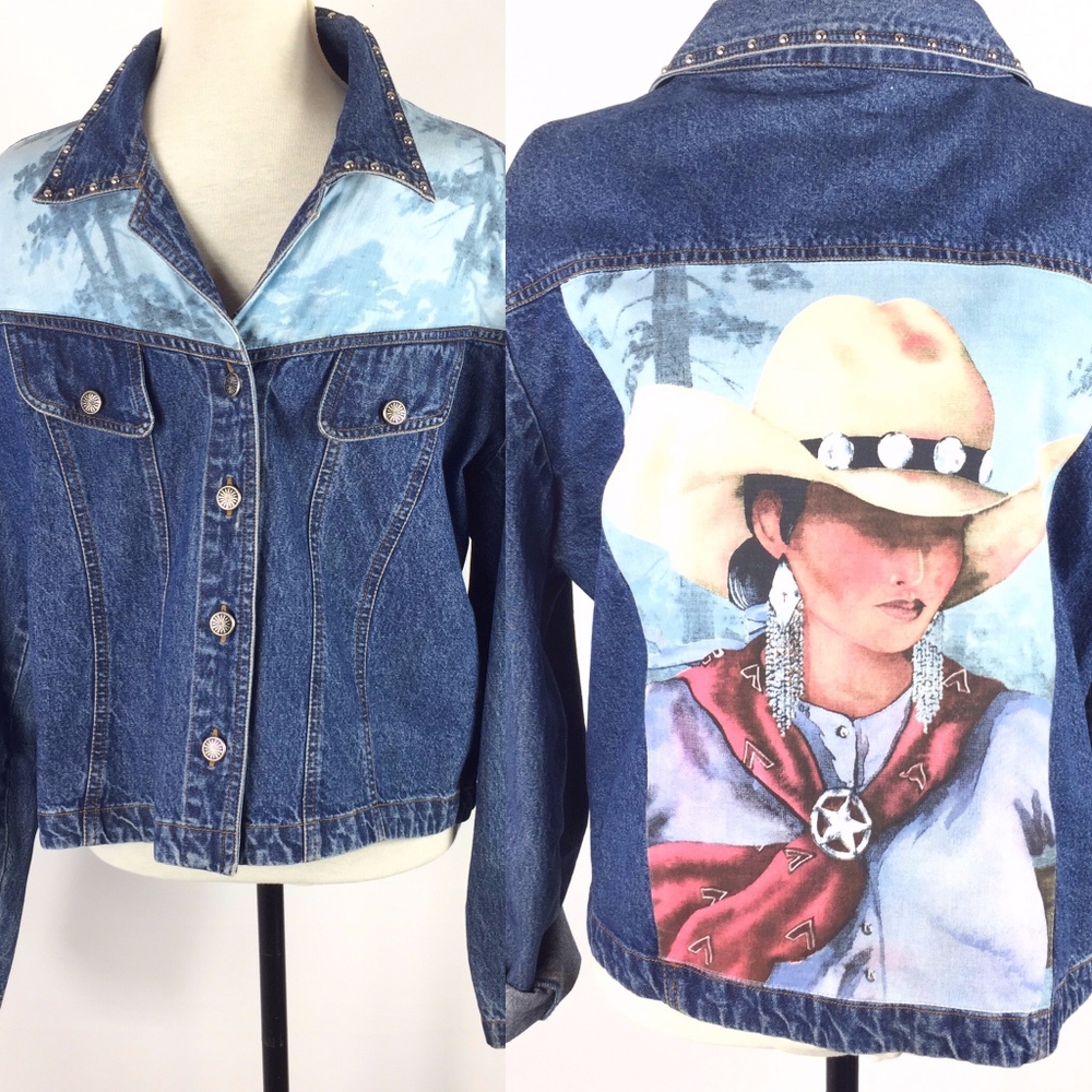 VTG Doreman Burns Cowgirl Print Denim Jacket Sz XL